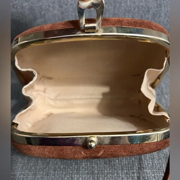 Brown Suede Crossbody Bag with clasp closure & gold hardware - Picture 8 of 11